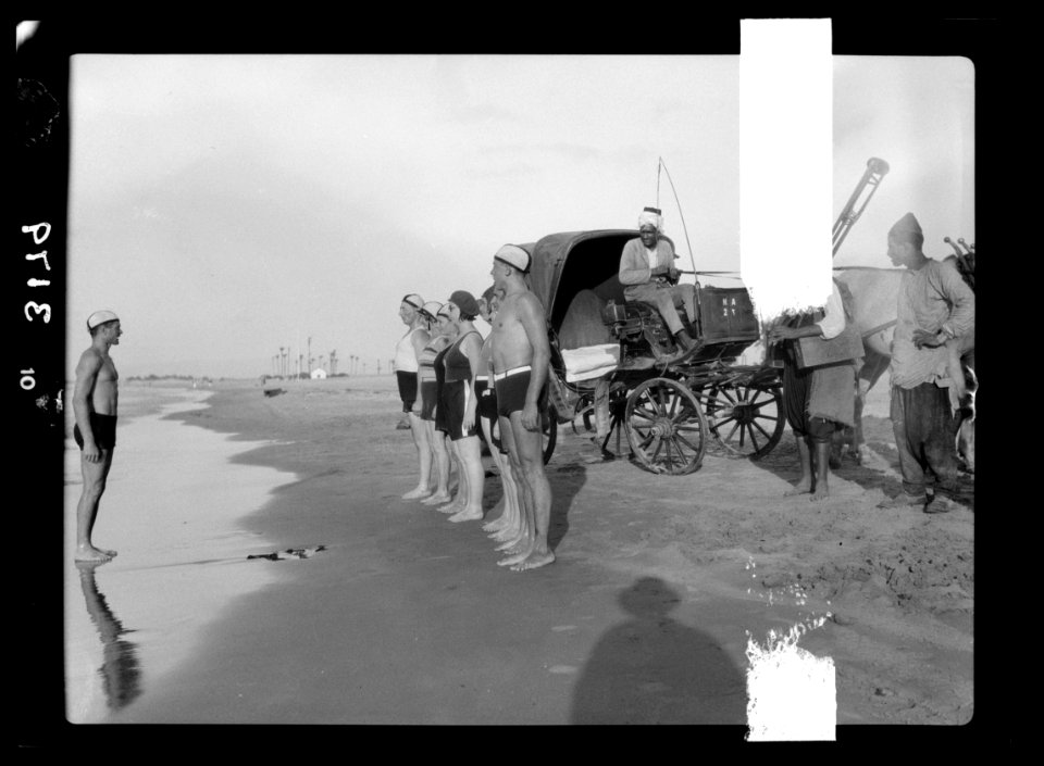 Zionist activities around Haifa. Haifa beach. Members of Hapoel Club drilling in bathing suits LOC matpc.15210