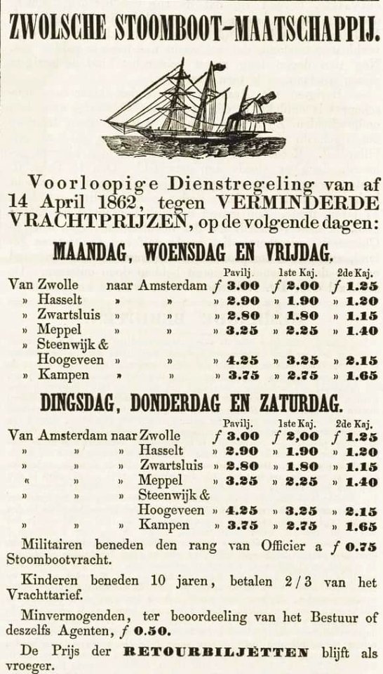 Zwolsche Stoomboot maatschappij Dienstregeling 14 april 1862