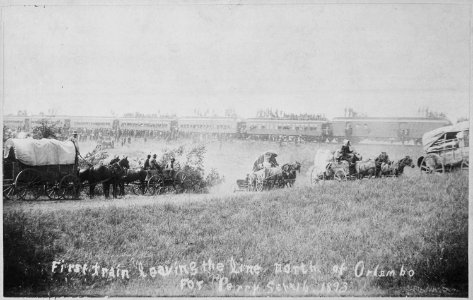 First train (and wagons) leaving the line north of Orlando For Perry (OkIa. Terr.), Sept. 16, 1893. - NARA - 516452