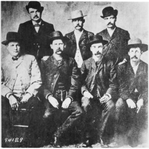Dodge City (Kans.) Peace Commissioners. L to R, Chas. Bassett, W. H. Harris, Wyatt Earp, Luke Short, L. McLean, Bat Mas - NARA - 530990