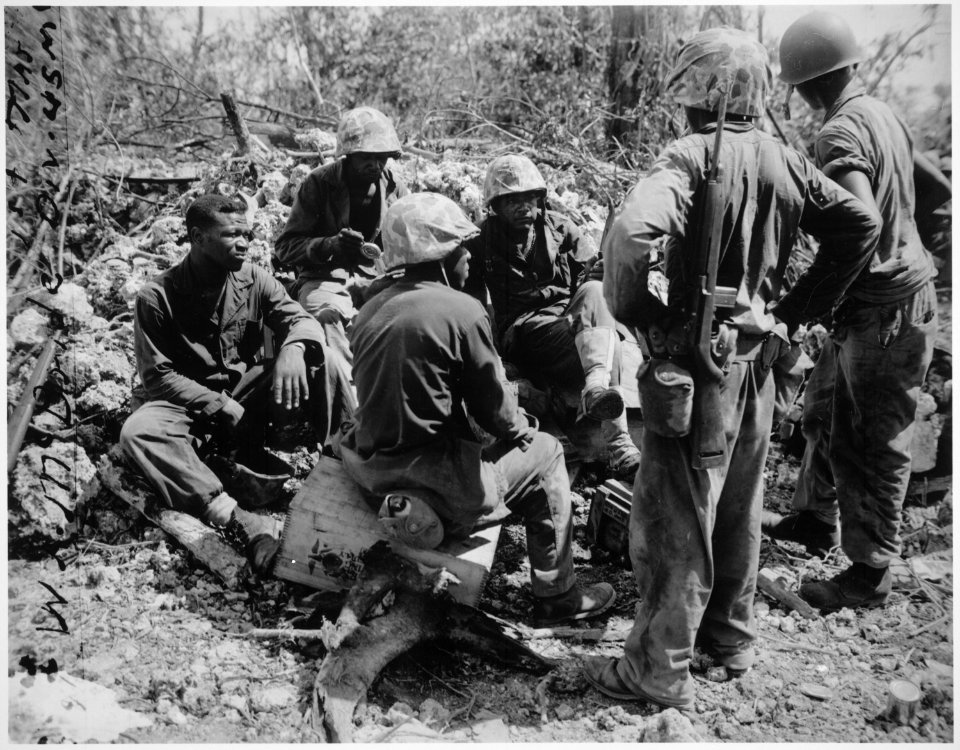 Group of CBs acting as stretcher bearers for the 7th Marines. Peleliu., 09-1944 - NARA - 532537
