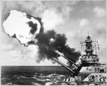 16 inch guns of the USS IOWA firing during battle drill in the Pacific. - NARA - 520626