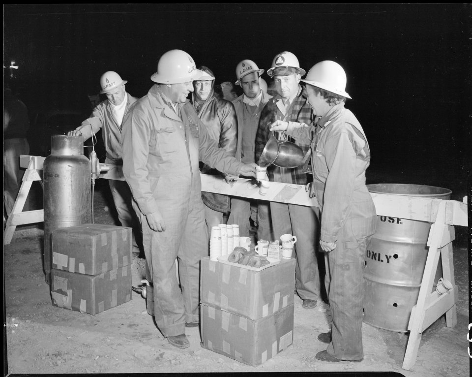 (Operation Cue) - Coffee and doughnuts for staff personnel while awaiting the early morning atomic blast - NARA - 541786