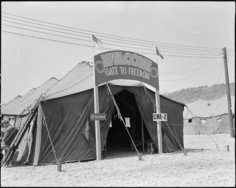 A view of a Freedom tent at Freedom Village, Munsan-ni, Korea, exchanging point of POW's (recently repatriated in the... - NARA - 542262