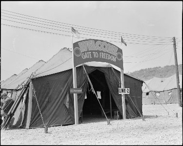 A view of a Freedom tent at Freedom Village, Munsan-ni, Korea, exchanging point of POW's (recently repatriated in the... - NARA - 542262