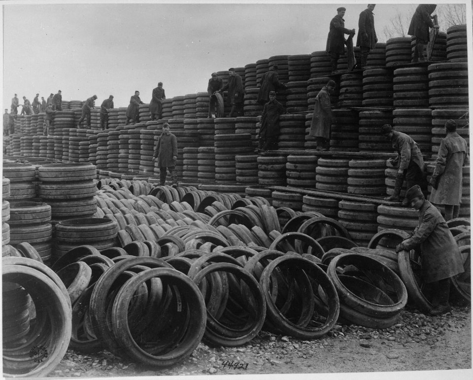 A pile of 85,000 solid tires for American Expeditionary Forces motor vehicles is one of the treasures of Langres... - NARA - 530783
