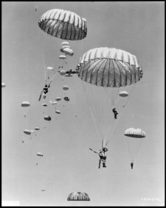 Air dropped by the 437th Troop Carrier Wing, paratroopers of the 187th Regimental Combat Team decend to earth during... - NARA - 542238