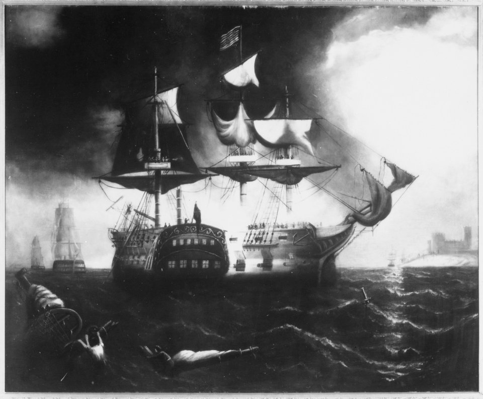 Action between the Bon Homme Richard and Serapis off Flamborough Head, England, on 23 September 1779. Copy of painting a - NARA - 532494