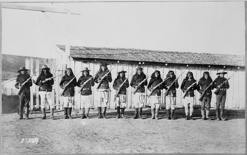 Apache scouts drilling with rifles, Fort Wingate, New Mexico - NARA - 530918