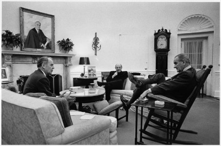 Advisors, Secretary of Defense Clark Clifford, Secretary of State Dean Rusk, President Lyndon B. Johnson in Oval Office - NARA - 192577