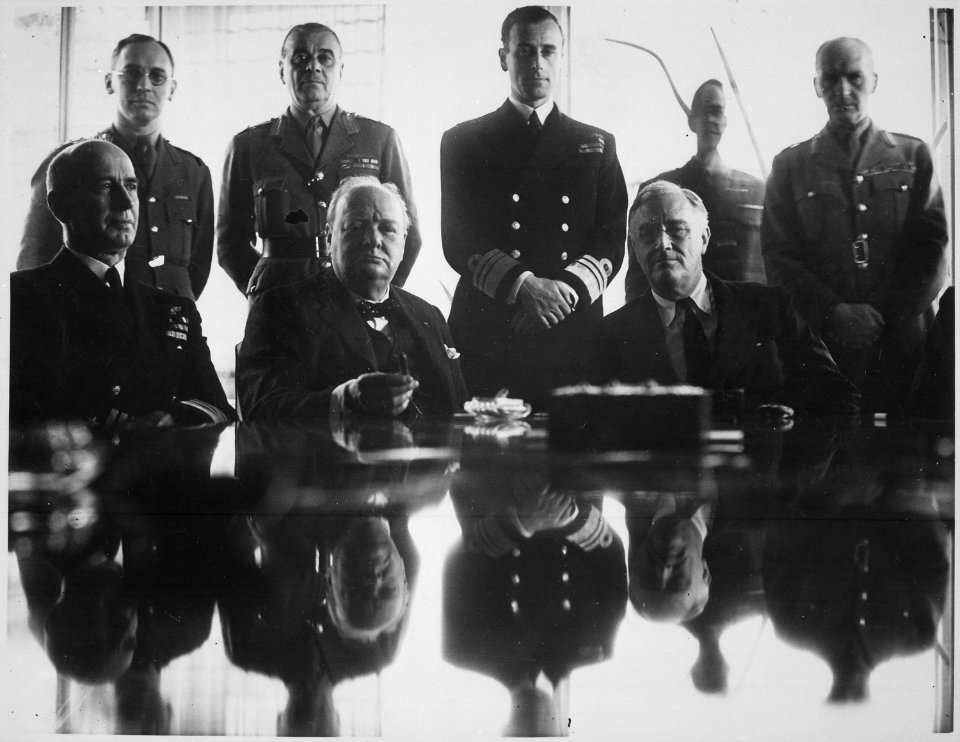Allies' grand-strategy conference in North Africa. Admiral E. J. King, Mr. Churchill, President Roosevelt, Standing... - NARA - 541916