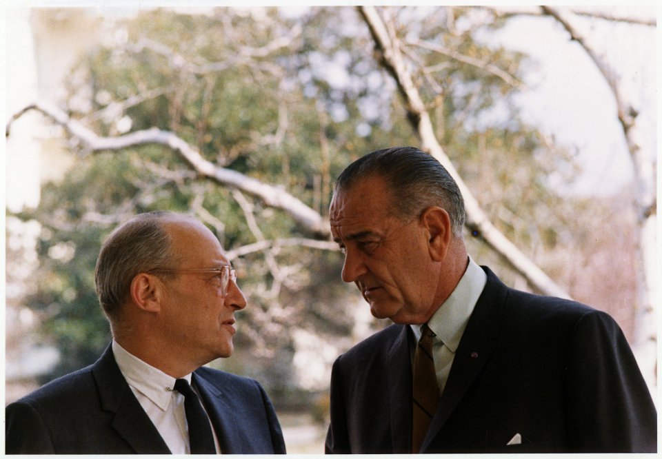 Advisors, Walt Rostow and President Lyndon B. Johnson - NARA - 192544