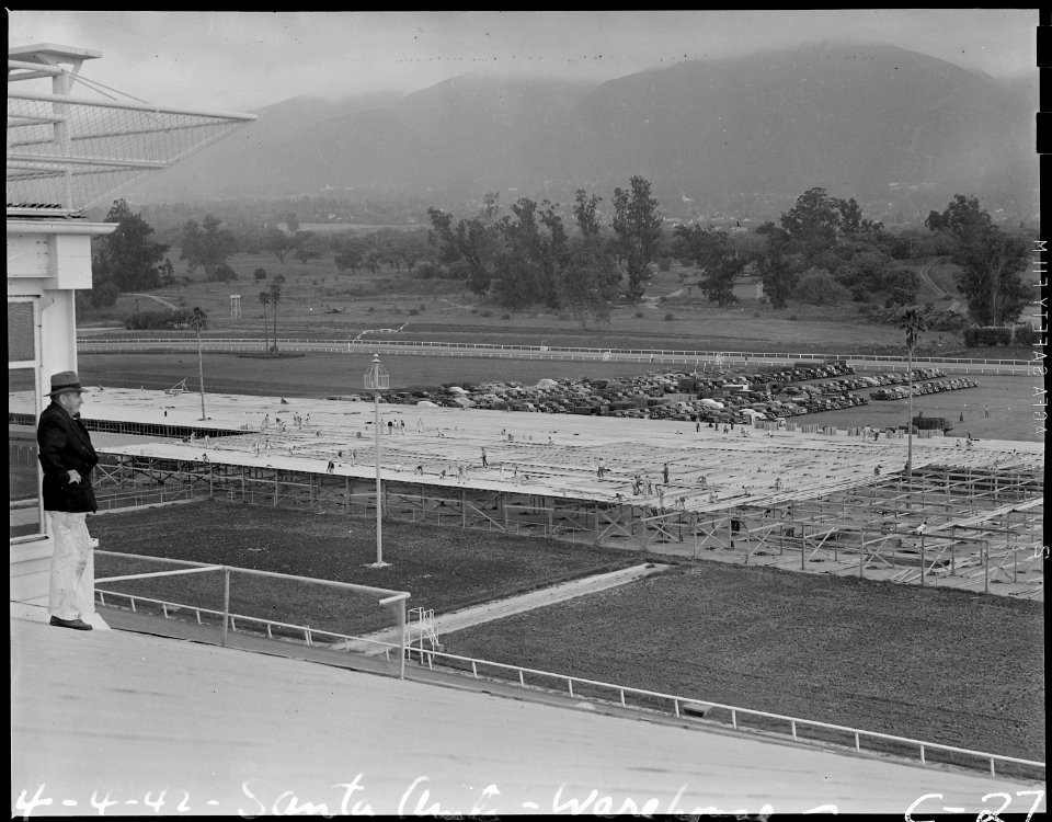 Arcadia, California. An immense warehouse under construction at the Santa Anita Assembly center for . . . - NARA - 537406