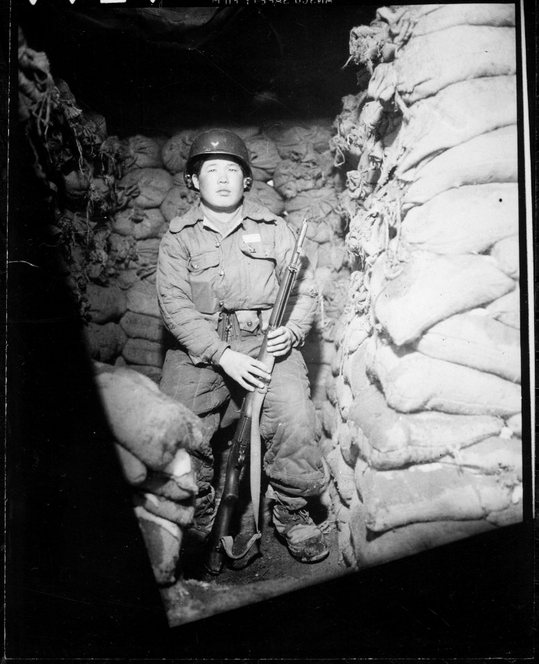 An Republic of Korea soldier guards the Panmunjom road near the United Nations delegates' base camp, Munsan-ni. - NARA - 531426