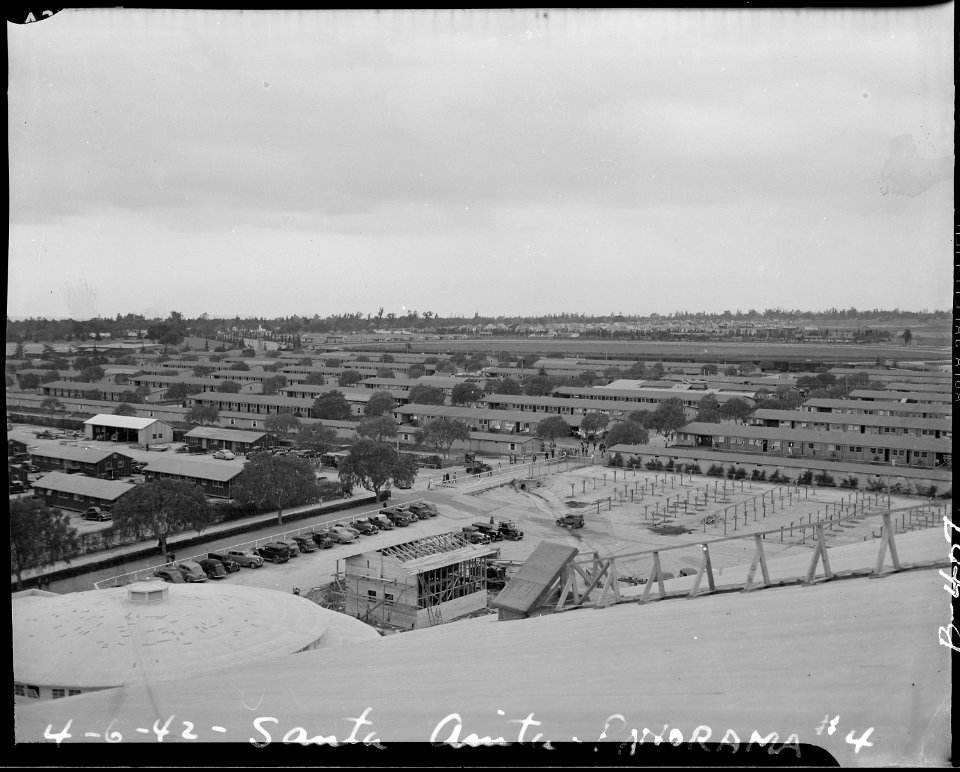 Arcadia, California. Bird's-eye view of quarters for evacuees of Japanese ancestry at Santa Anita A . . . - NARA - 537034