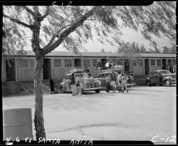 Arcadia, California. Evacuees of Japanese ancestry arriving at the Santa Anita Assembly center to a . . . - NARA - 537393