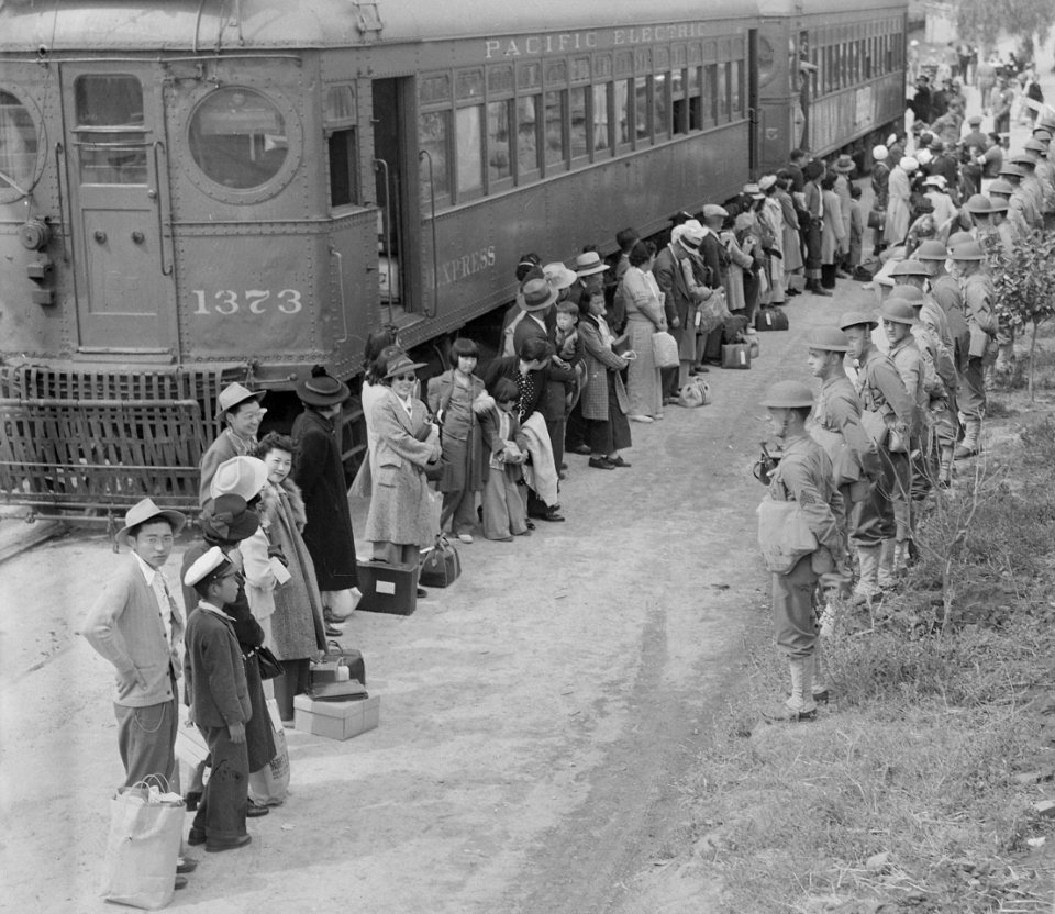 Arcadia California Persons of Japanese ancestry arrive at the Santa Anita Assembly center from Sa - NARA - 536004-cropped