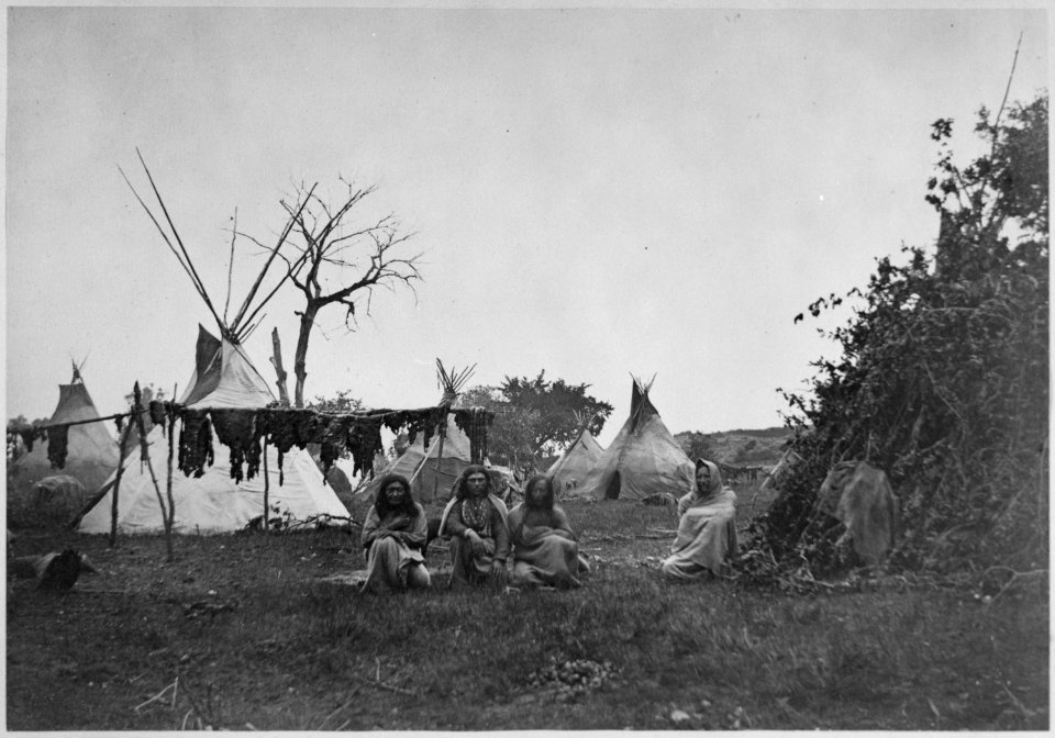 Arapaho camp with buffalo meat drying near Fort Dodge, Kansas, 1870 - NARA - 518892