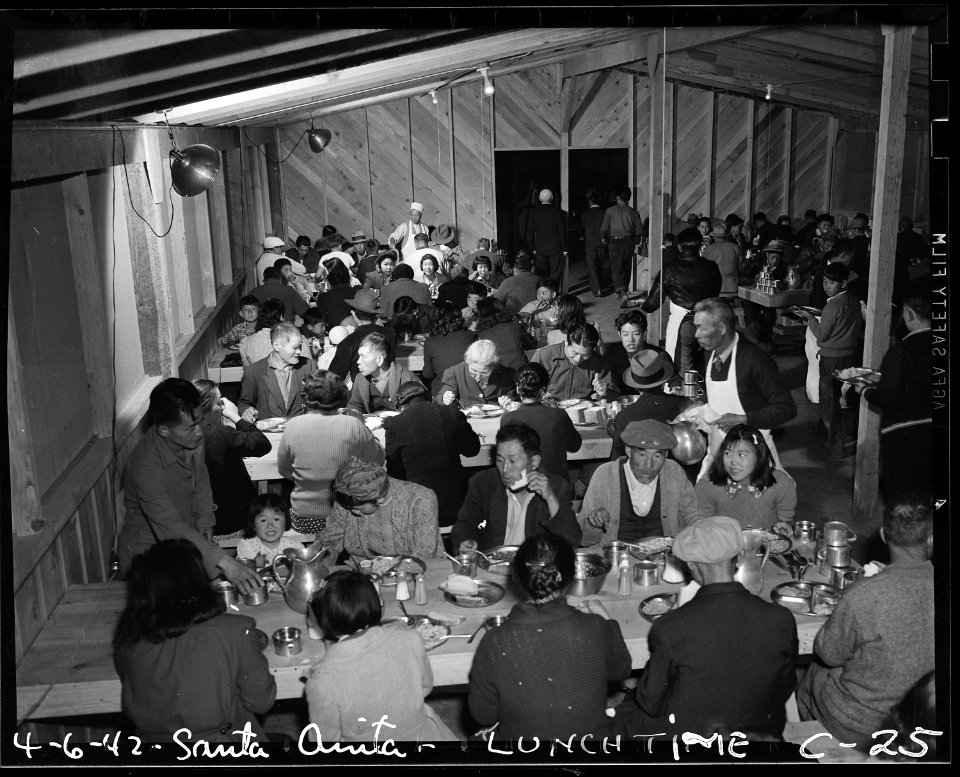 Arcadia, California. Lunch time cafeteria style, at the Santa Anita Assembly center where many thou . . . - NARA - 537404