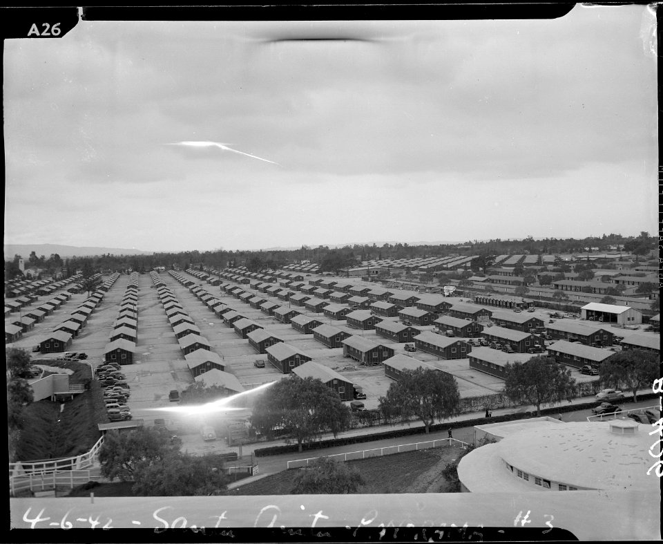 Arcadia, California. Bird's-eye view of quarters for evacuees of Japanese ancestry at Santa Anita a . . . - NARA - 537033