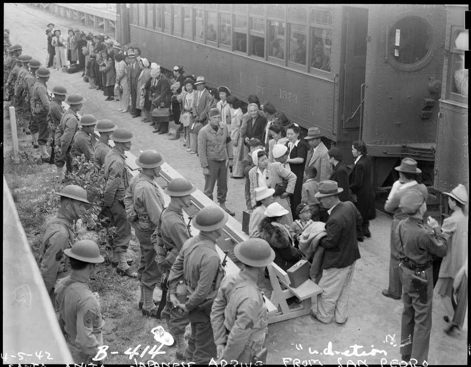 Arcadia, California. Persons of Japanese ancestry arrive at the Santa Anita Assembly center from Sa . . . - NARA - 537040