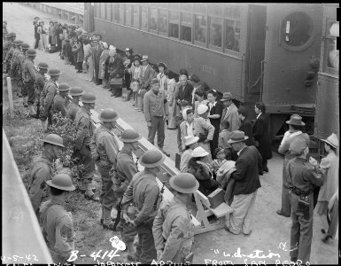Arcadia, California. Persons of Japanese ancestry arrive at the Santa Anita Assembly center from Sa . . . - NARA - 537040