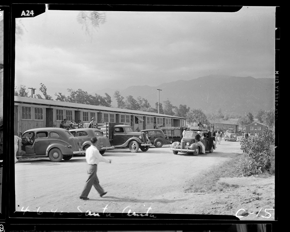 Arcadia, California. Evacuees of Japanese ancestry arriving at the Santa Anita Assembly center. As . . . - NARA - 537396