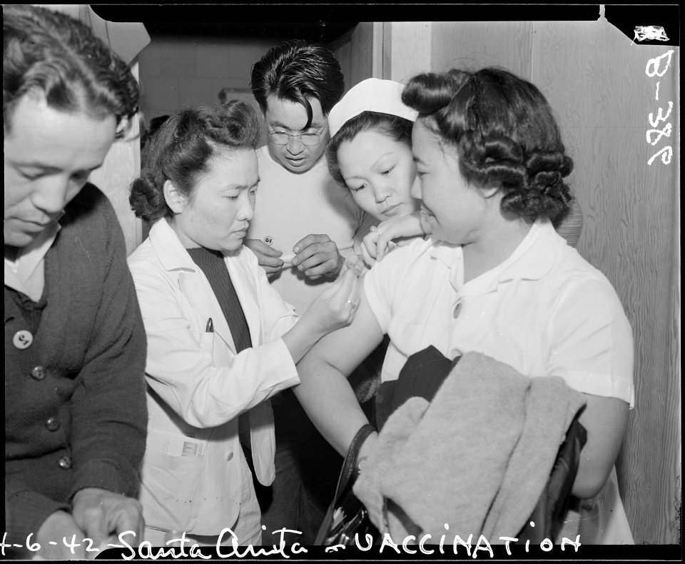 Arcadia, California. Newcomers to Santa Anita assembly center receive vaccination against smallpox . . . - NARA - 537017