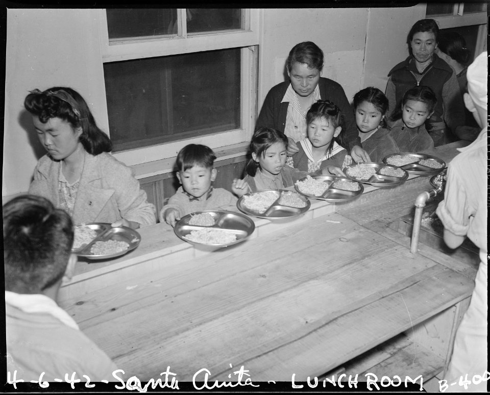 Arcadia, California. Meal time, cafeteria-style, for these children at Santa Anita assembly center . . . - NARA - 537029