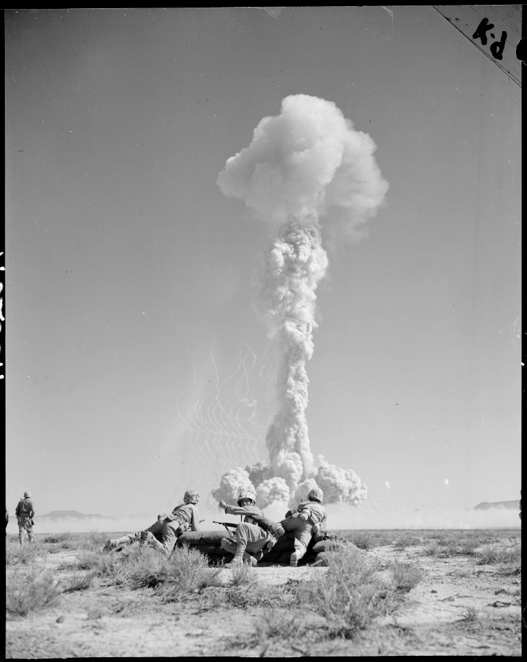 Atomic Energy Commission Proving Ground, Nevada...Marines prepare to charge an objective seconds after an atomic... - NARA - 532466