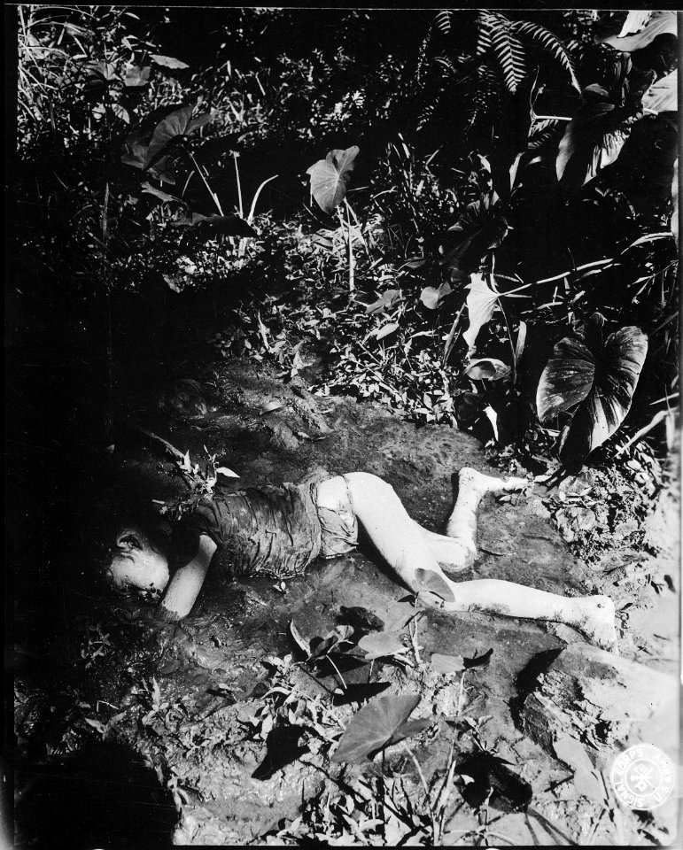 Atrocity committed by the Japanese on 9 April 1945 at Bingas, Luzon, Philippine Islands. Child laying in mud of creek. - NARA - 531318