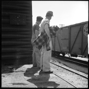 Bakersfield, California. On the Freights. Two Oklahoma boys headed back home standing on the edge of a flat waiting... - NARA - 532067