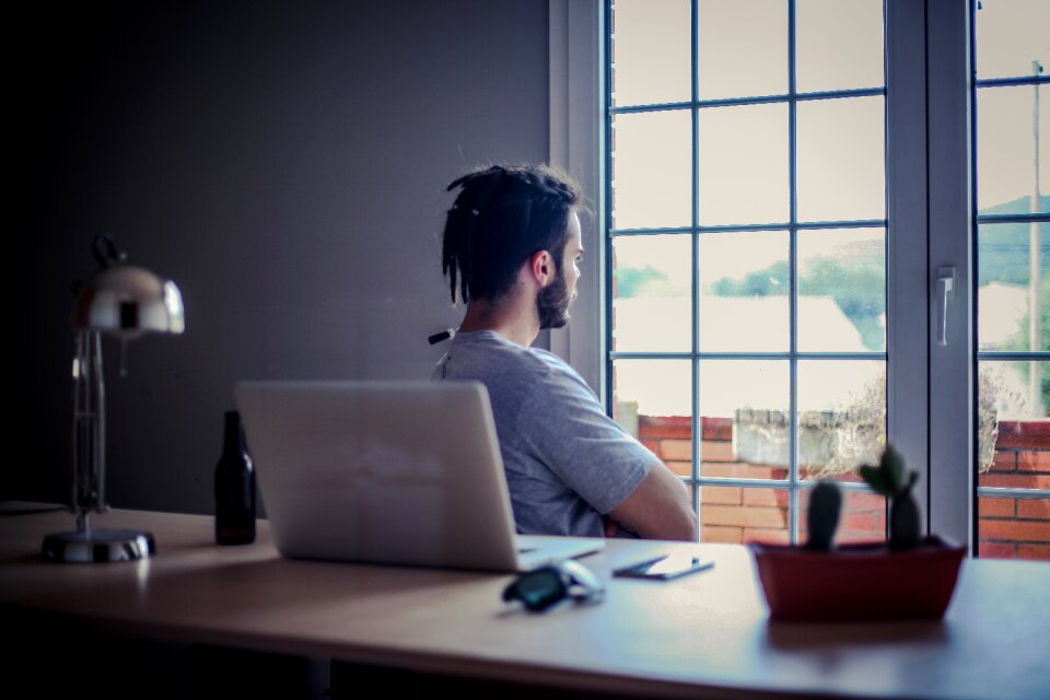 Beard laptop window photo