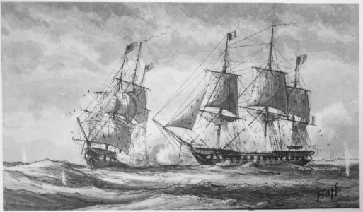 Battle between U.S. frigate Constellation and French frigate L'Insurgente, in the Naval War with France, February 1799. - NARA - 512908