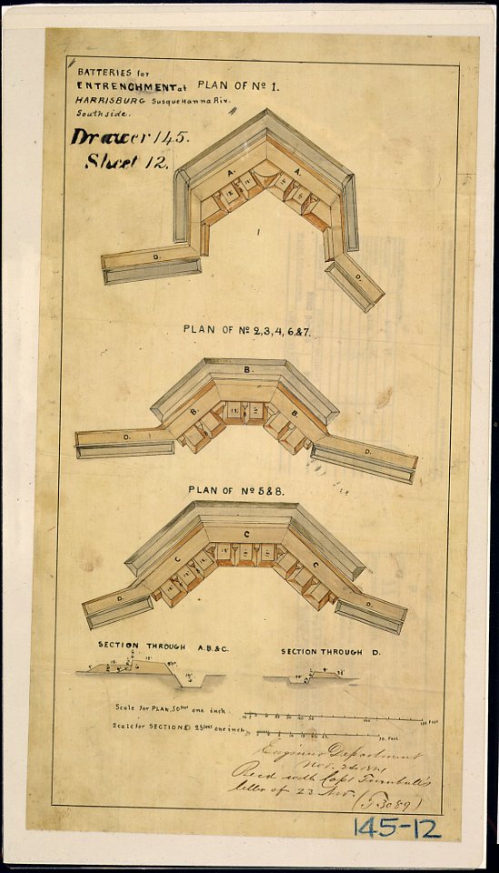 Batteries for Entrenchment at Harrisburg, Susquehanna Riv. South sie. (Panel of plans and sections.) - NARA - 305788