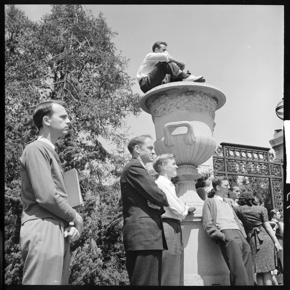 Berkeley, California. University of California Student Peace Strike. Perched on a stone urn at Sather Gate. To climb... - NARA - 532114