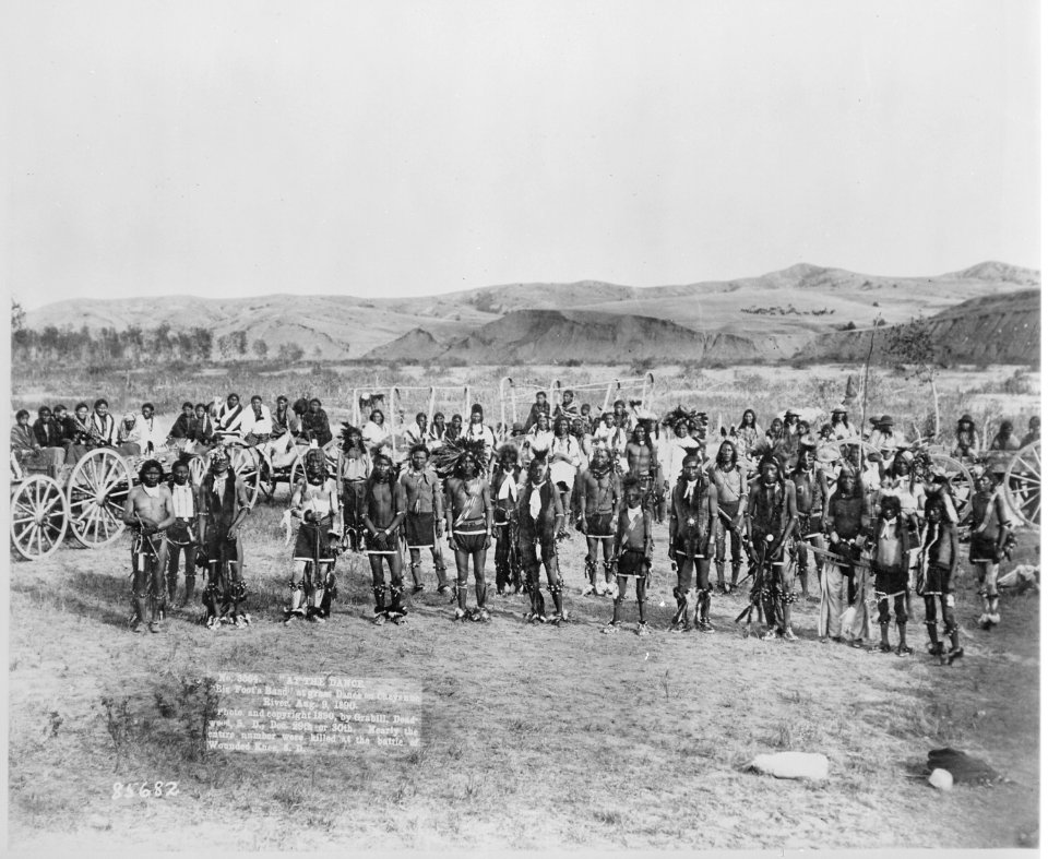 Big Foot's band of Miniconjou Sioux in costume at a dance, Cheyenne River, South Dakota, 08-09-1890 - NARA - 530888