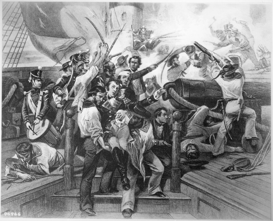 Battle of Lake Erie. September 1813. Oliver Hazard Perry, standing. Copy of engraving by Phillibrown after W. H. Powell, - NARA - 532569