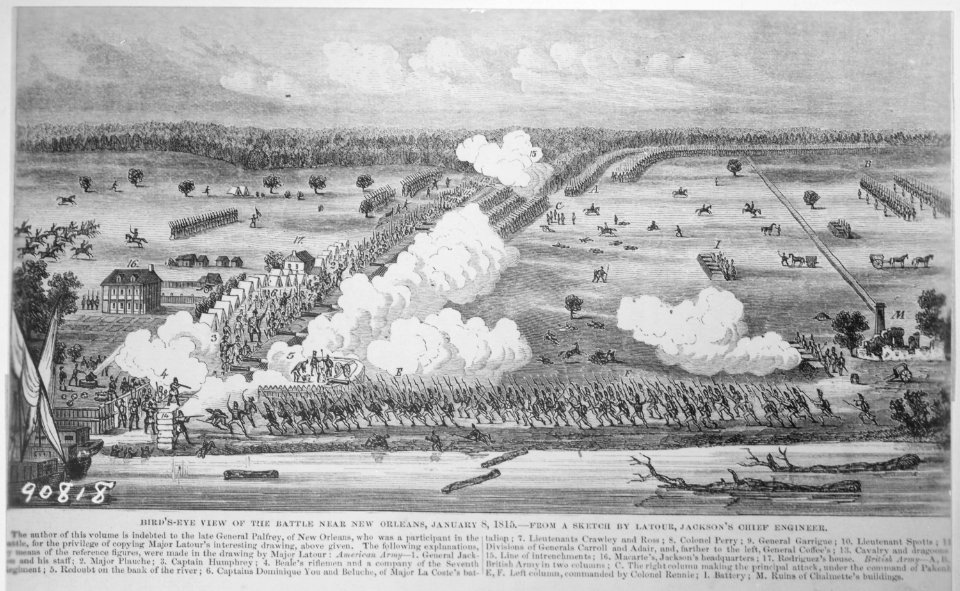 Bird's-Eye View of the Battle near New Orleans, January 8, 1815. Copy of engraving from a sketch by Latour, Jackson's ch - NARA - 530953