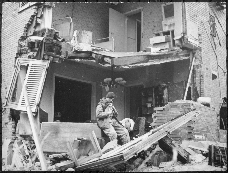 British Trooper W. Williamson does his good deed for the day by rescueing a puppy dog from the ruins of a shelled... - NARA - 541898