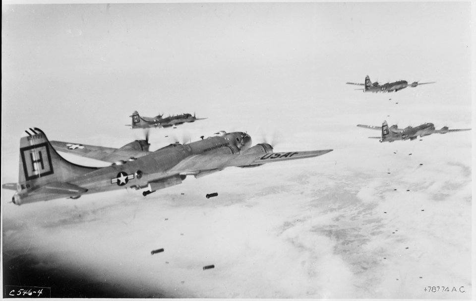 Bombs fall on Communist hordes in North Korea as mighty bombers of the U.S. Far East Air Forces Bomber Command... - NARA - 542216