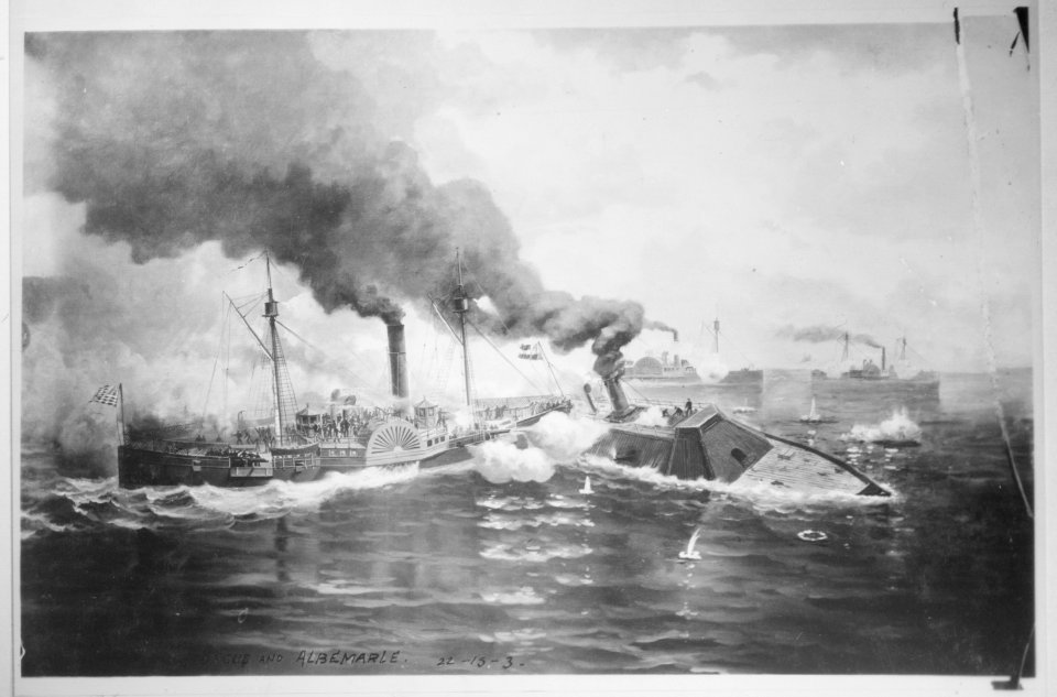 Battle between the Sassacus and the Albemarle, May 1864. Copy of painting., 1883 - 1966 - NARA - 513022