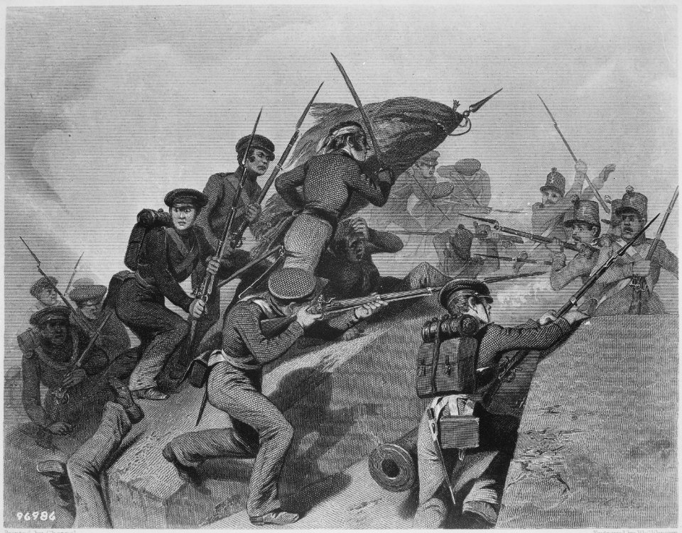 Battle of Churubusco-Capture of the Tte de Pont. August 1847. Copy of engraving by Phillibrown after Alonzo Chappel, pub - NARA - 531097