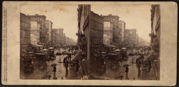 Broadway on a rainy day (street scene with pedestrians, carriages and shops), by E. & H.T. Anthony (Firm)