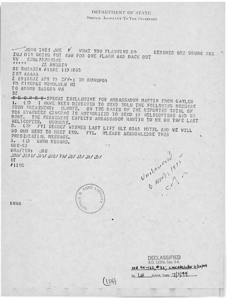 Cable from Admiral Gayler to Graham Martin, Ambassador to South Vietnam Concerning the Evacuation of Vietnam - NARA - 186724