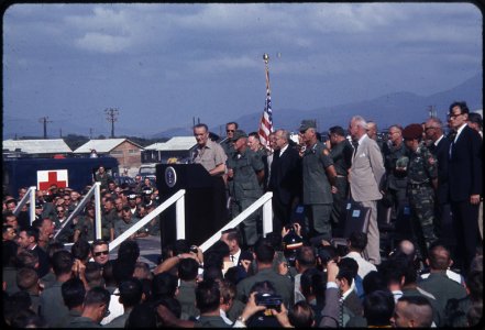 Cam Rahn Bay, Republic of Vietnam...President of the United States, Lyndon B. Johnson, Addresses U.S. Troops During a... - NARA - 558513