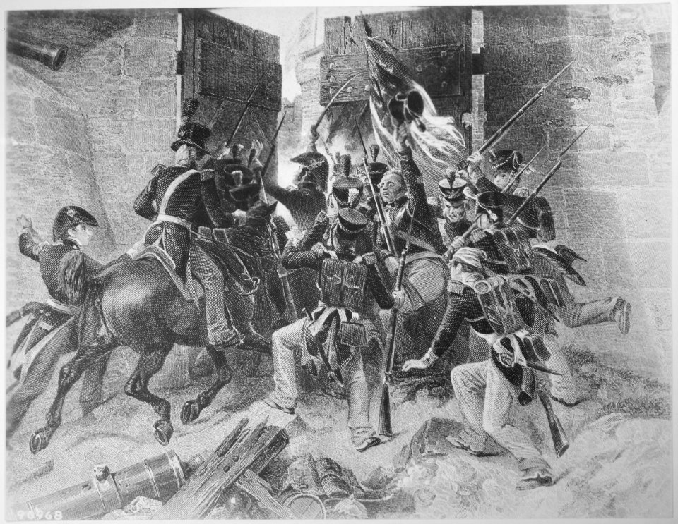 Capture of Fort George. Colonel Winfield Scott leading the attack. July 1813. Copy of engraving after Alonzo Chappel, ci - NARA - 531089