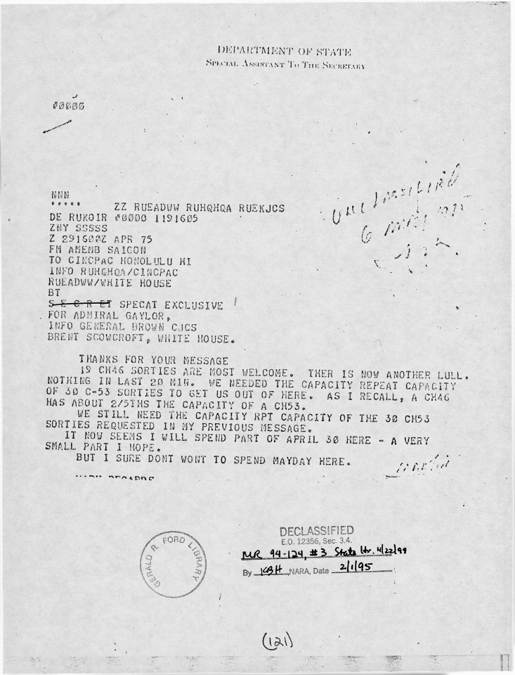 Cable from Graham Martin, Ambassador to South Vietnam, to Admiral Gaylor, Concerning the Evacuation of Saigon - NARA - 186726
