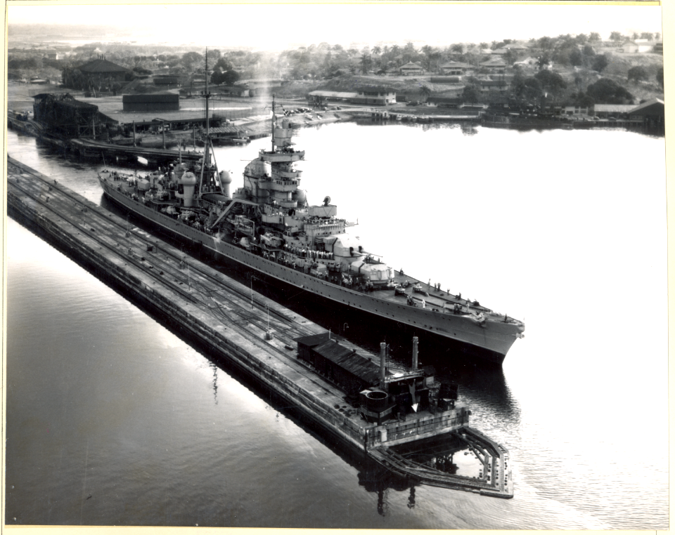 Captured German cruiser PRINZ EUGEN transiting the Gatun Locks. K-20, Alt. 400'. - NARA - 80-G-365071