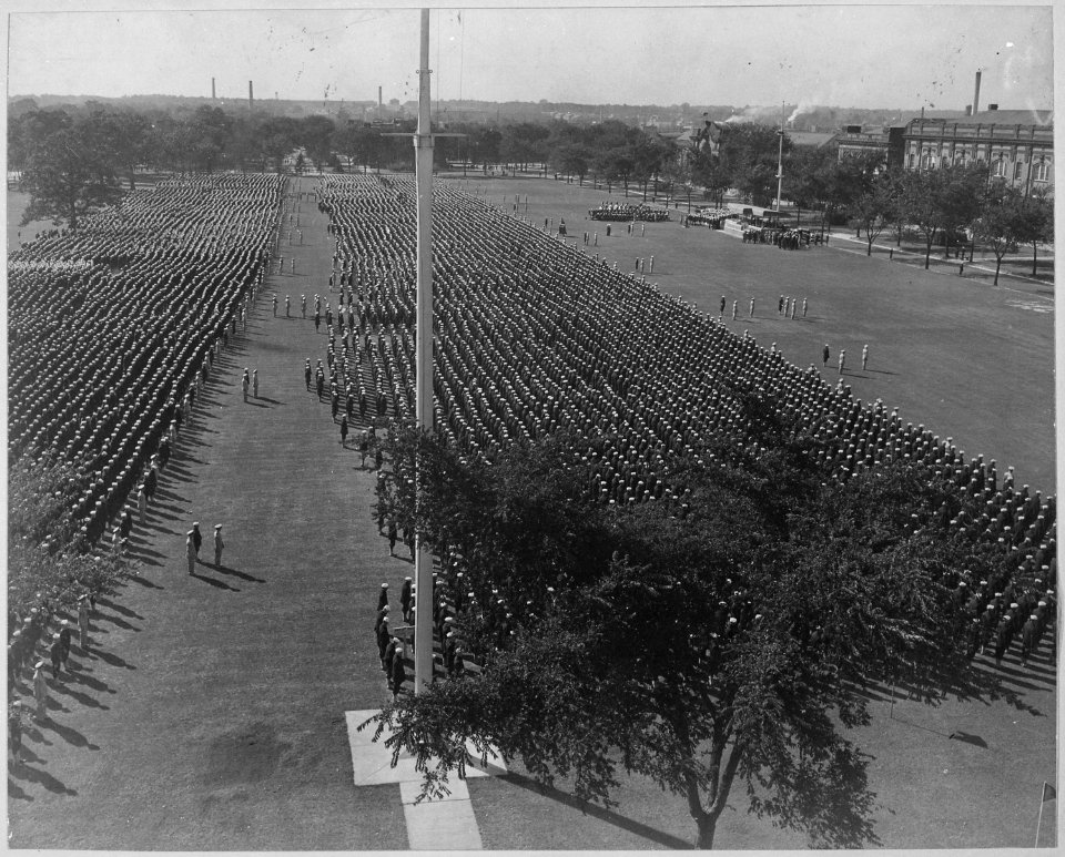 Ceremony at Naval Training Station, Great Lakes, as seen from roof of main administration building., 1942 - NARA - 520598